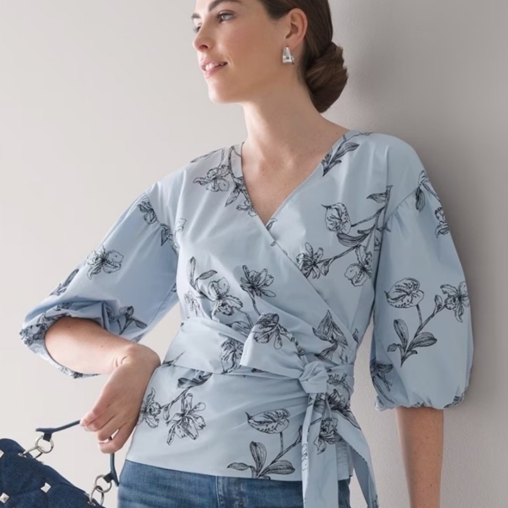 White House Black Market 3/4 sleeve Poplin Wrap Blouse - size small